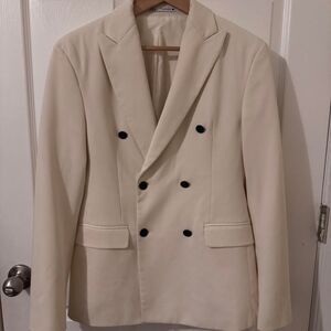 Zara Men White Double Breasted Blazer